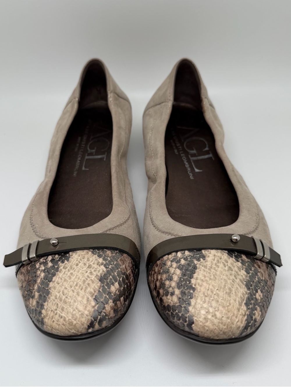 AGL Suede Ballet Flats with Snake-Print Toe Sz 38.5